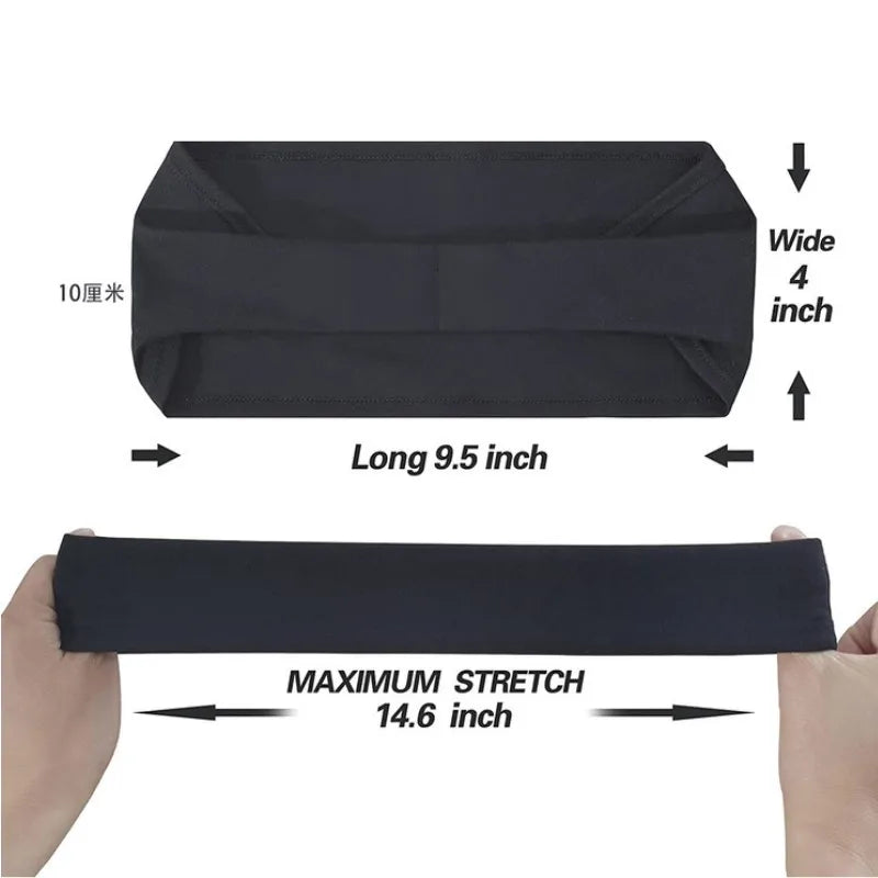 Black sports headband shown with dimensions indicating 9.5-inch length, 4-inch width, and 14.6-inch max stretch.