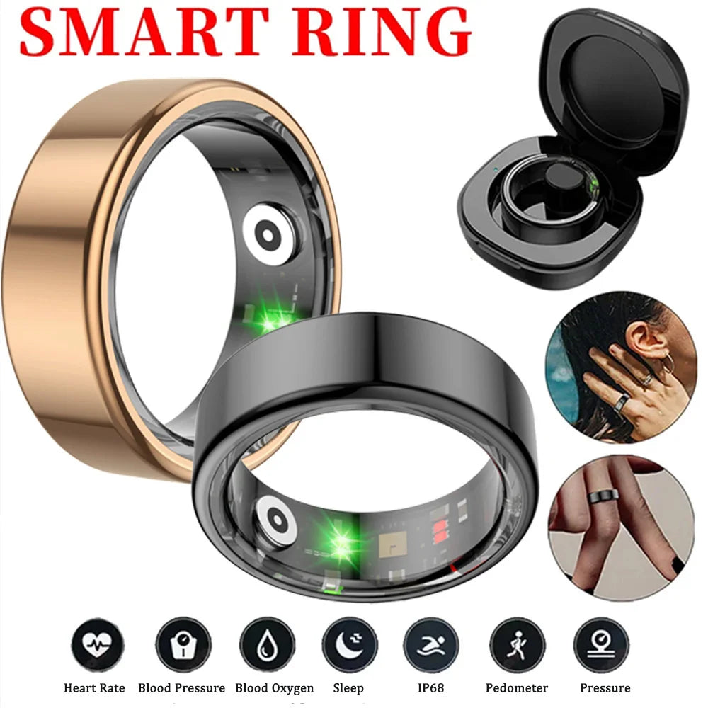 Gold and black fitness smart rings with sensors, charging case, and icons for health tracking and activity monitoring.