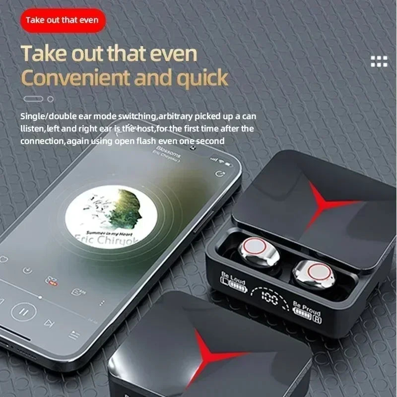 Black wireless earbuds in a glowing red and black charging case next to a smartphone displaying music.