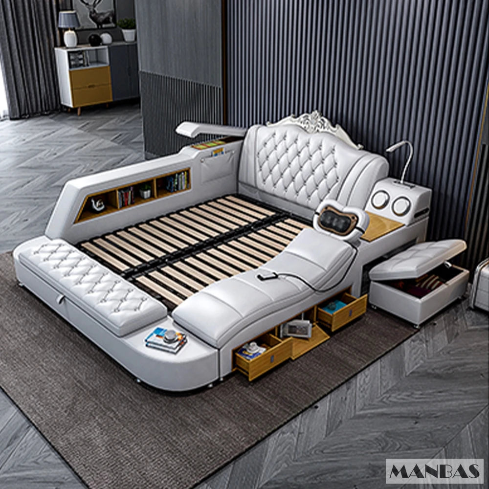 White leather smart bed frame with massage seat, integrated shelves, Bluetooth speakers, and built-in storage drawers.