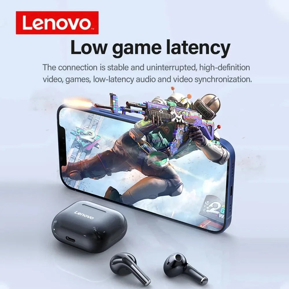 Glossy black wireless earbuds and their charging case displayed next to a smartphone showing a high-action mobile game.