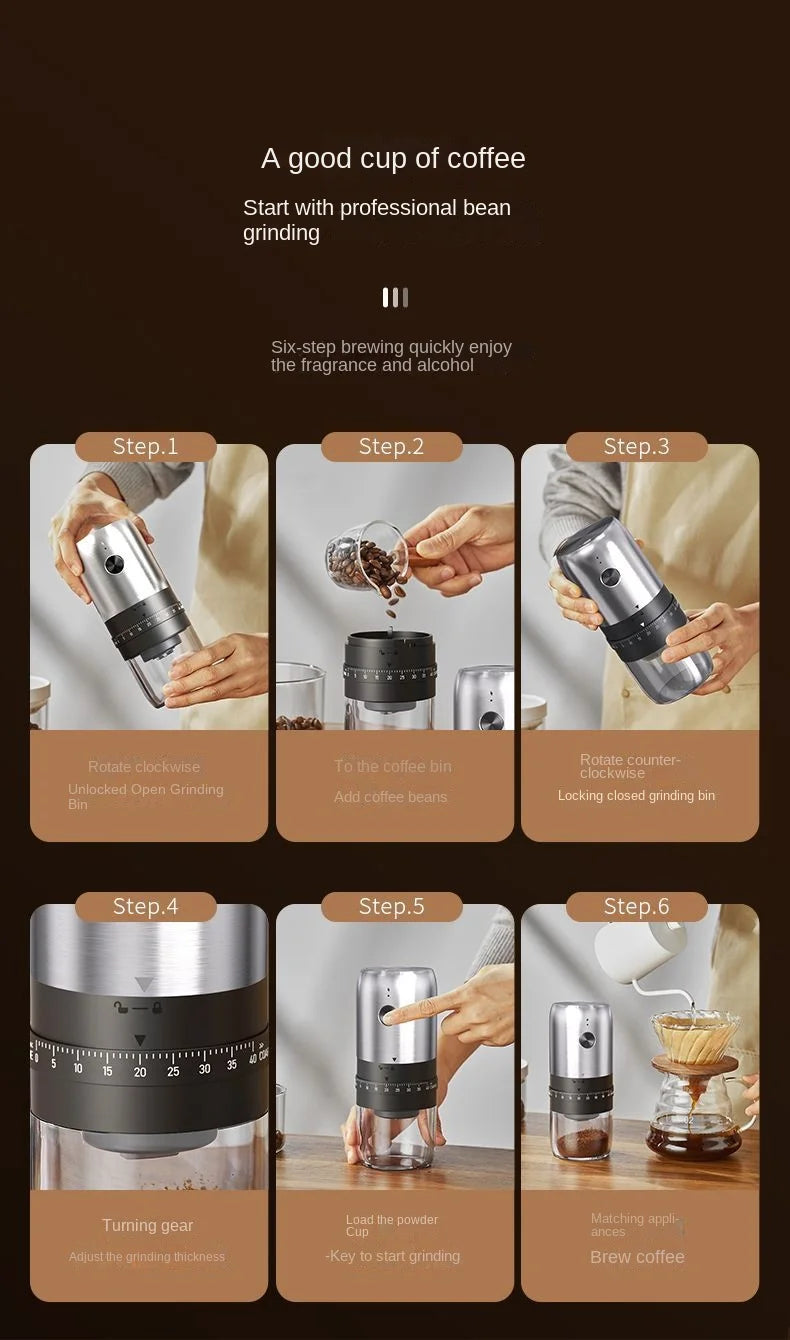 A manual, cylindrical coffee grinder with a metallic finish, black adjustment ring, and clear bean and powder bin.