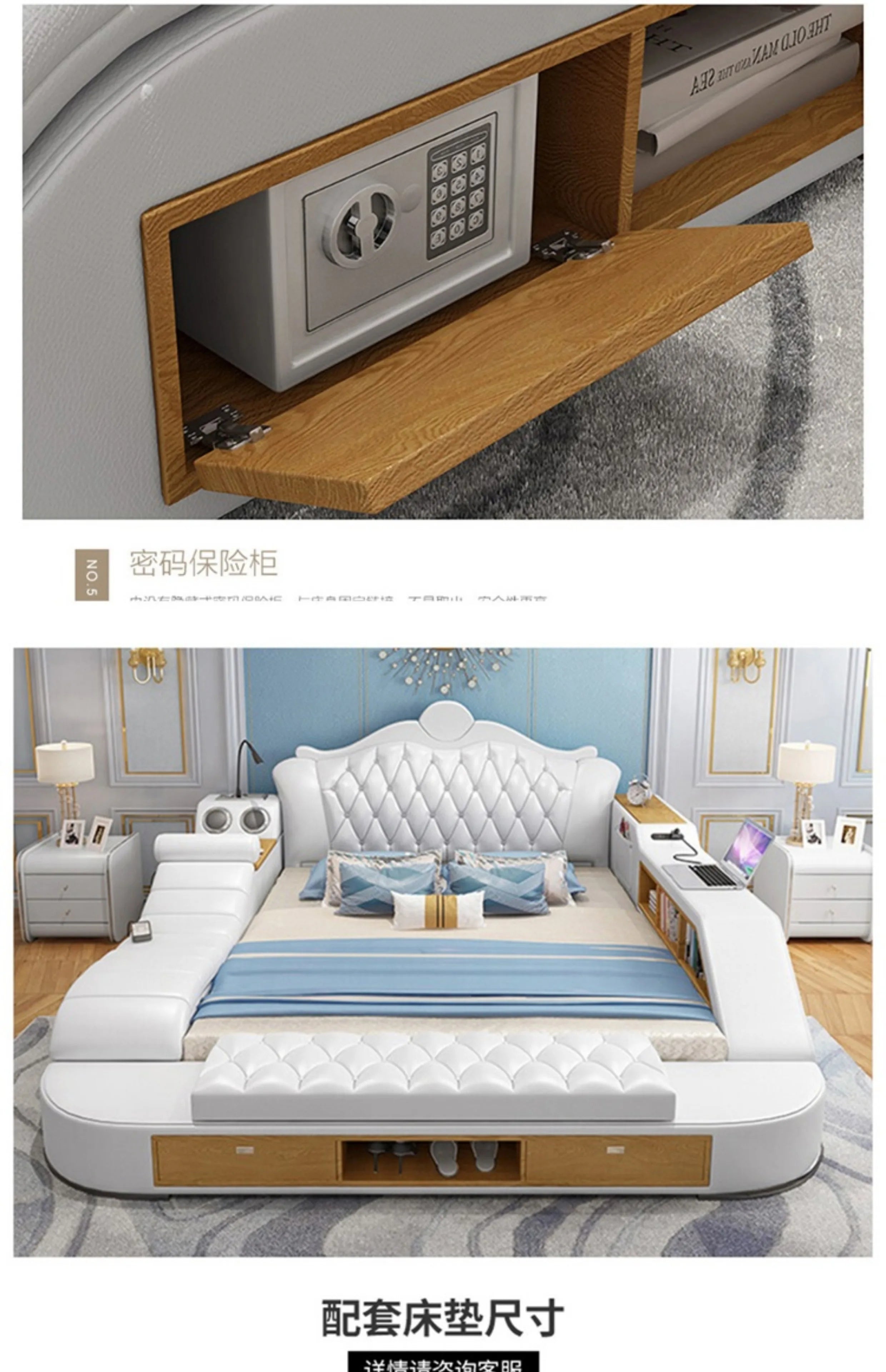 Modern white leather double bed with integrated wooden storage drawers, a built-in safe, and side shelving.
