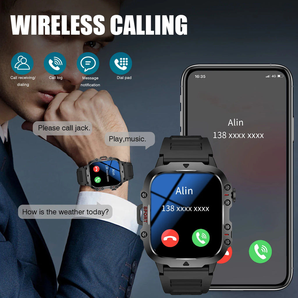 Black rugged-style smartwatch with a square touchscreen, displaying incoming call features and wireless connectivity.