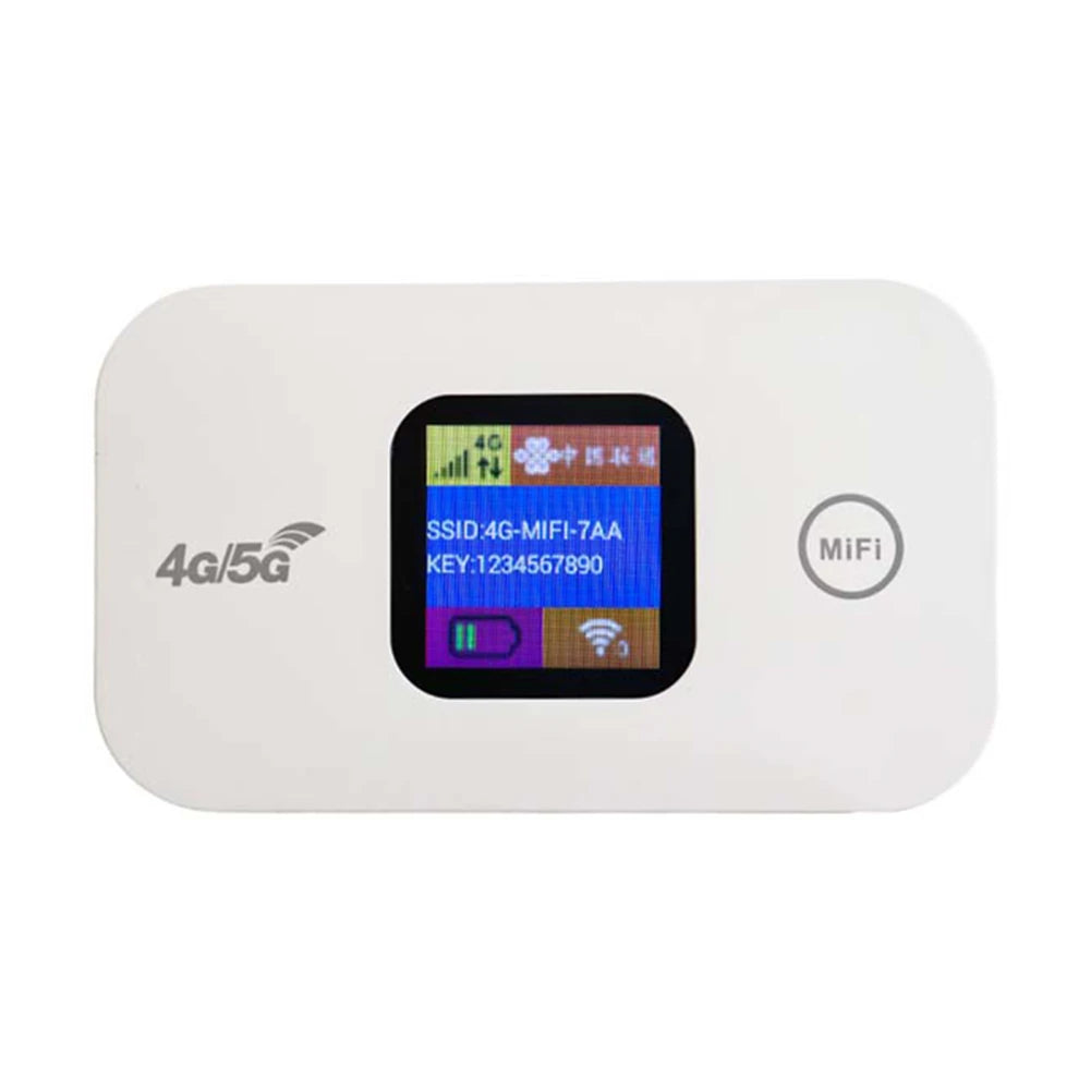 White portable 4G LTE Wi-Fi hotspot router with a central colour screen showing signal and battery status.