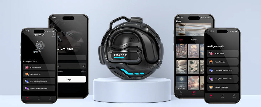 Black wireless earbuds charging case with blue LED accents, surrounded by smartphones displaying a control app interface.