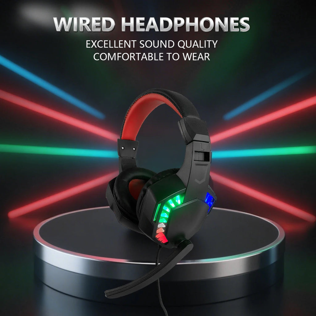Wired black and red over-ear gaming headset with vibrant RGB lighting, soft cushioning and an integrated microphone.