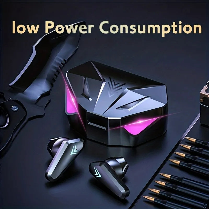 Black wireless gaming earbuds and charging case with pink LED accents, featured on a dark, tactical-style background.