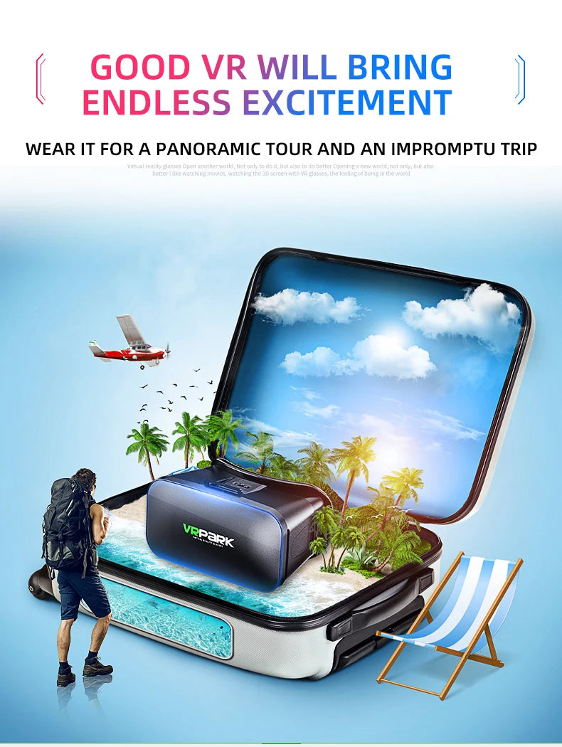 Black VR headset with blue accents shown inside an open suitcase on a tropical beach setting with a traveler.