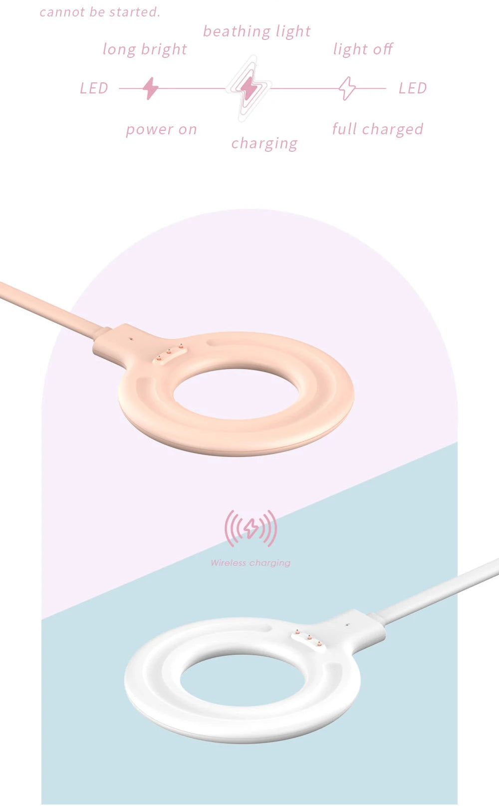 Pink and white ring-shaped wireless charging pads with indicator light status guide.