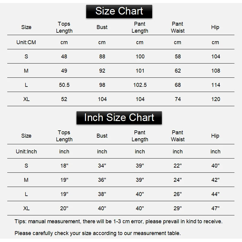 Clothing size chart displaying tops and trousers measurements in both centimeters and inches for sizes S to XL.