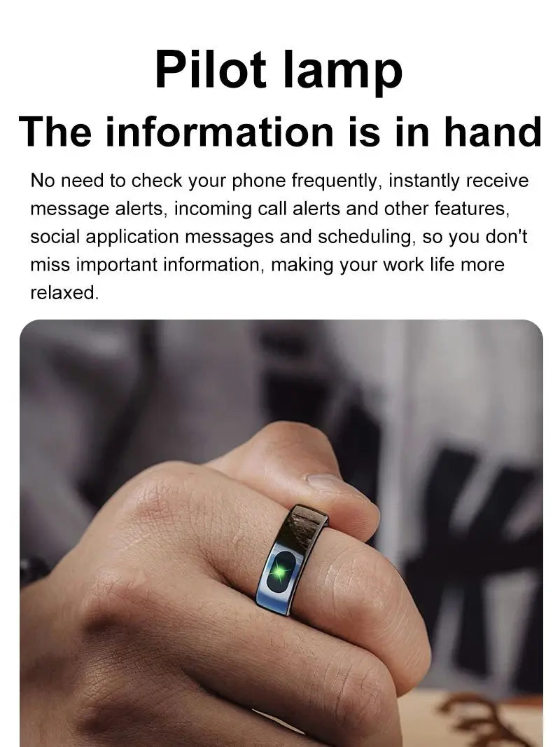 Sleek black smart health ring on a finger, featuring a glowing green LED notification light.