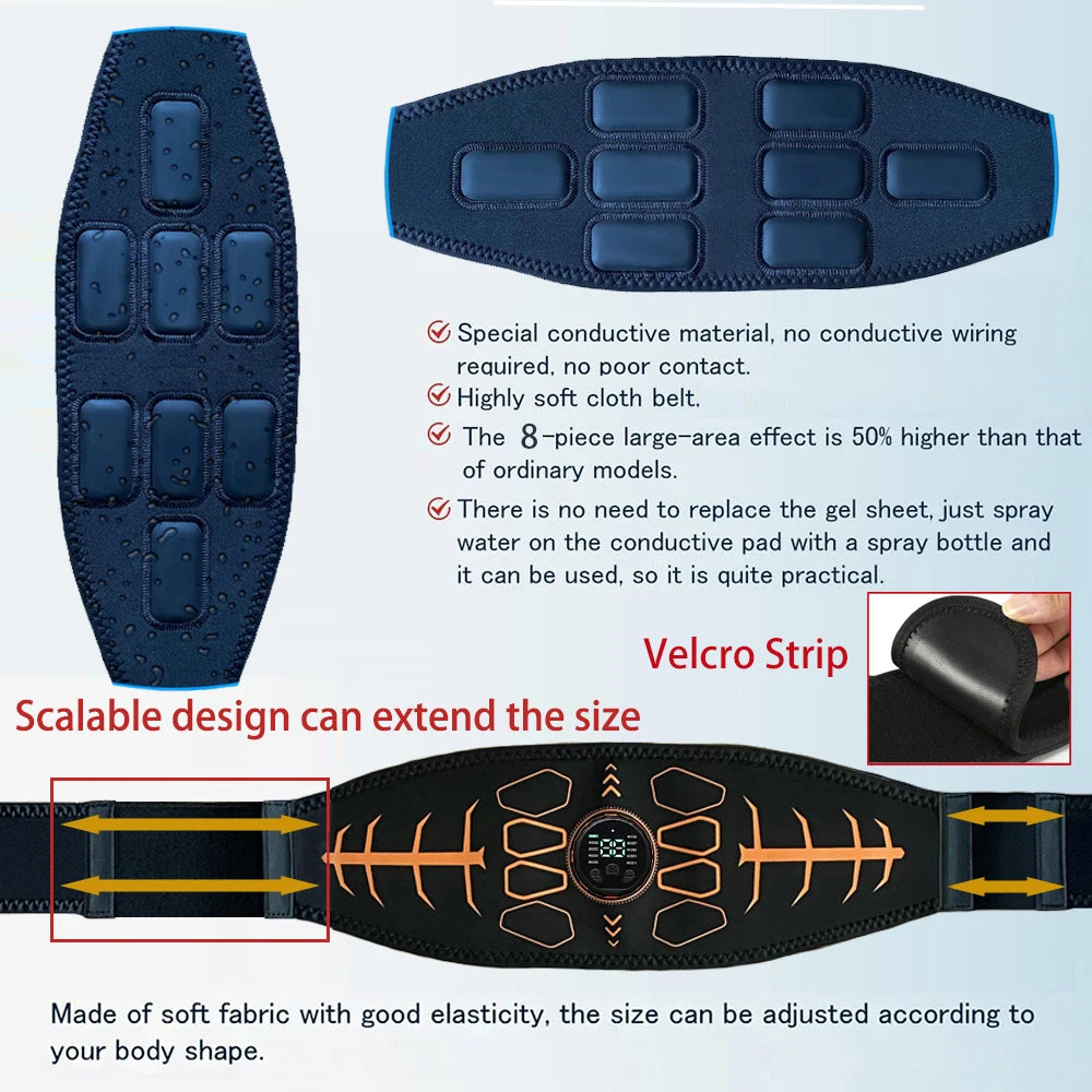 Adjustable black electronic muscle stimulation belt featuring eight conductive pads and a digital display.
