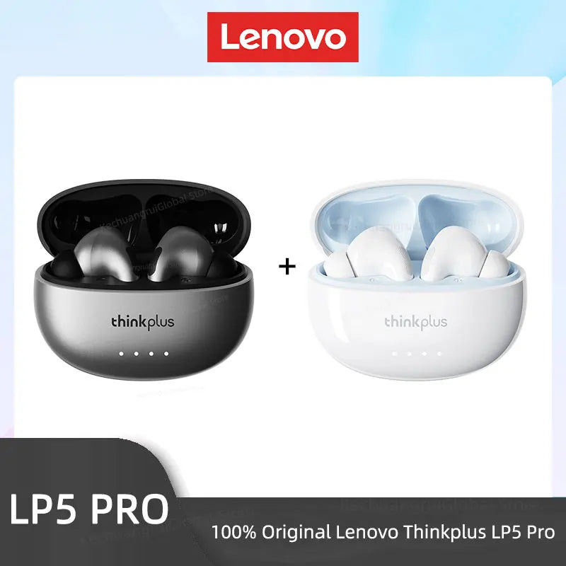 Two sets of wireless earbuds in open charging cases: one black and metallic, one white, both with rounded designs.