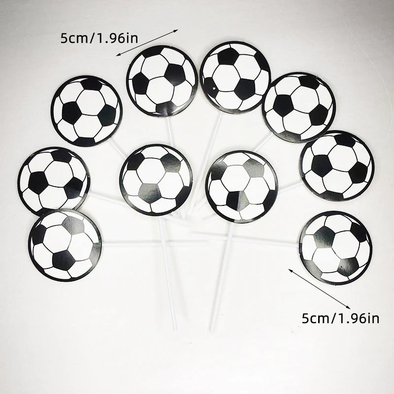 Set of ten black and white football-themed cake toppers on sticks, each measuring 5cm in diameter.