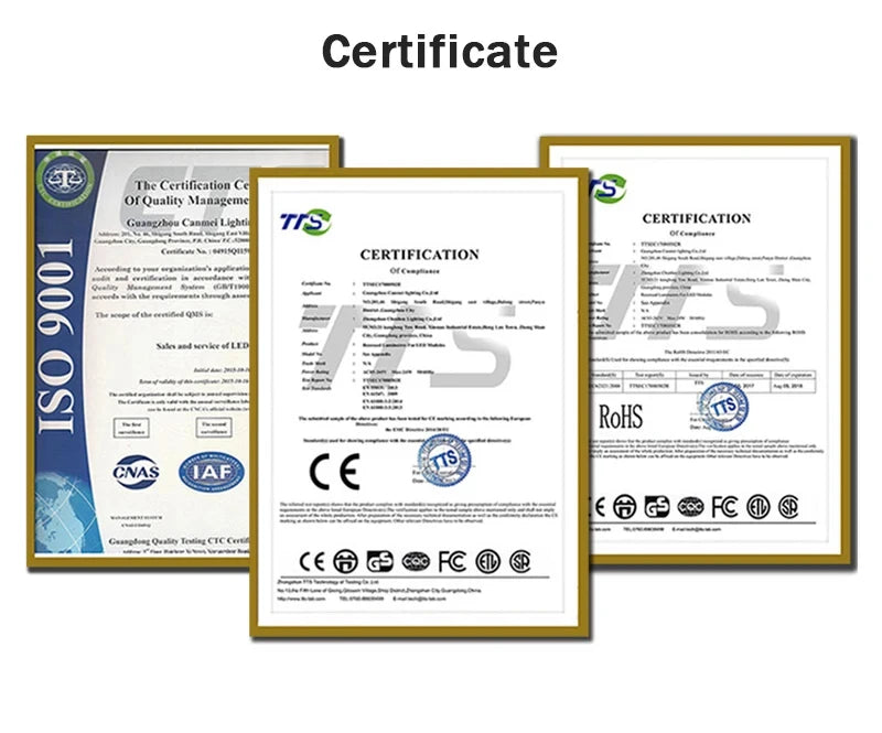 Three official product quality and safety certification documents displayed for the LED outdoor wall light.