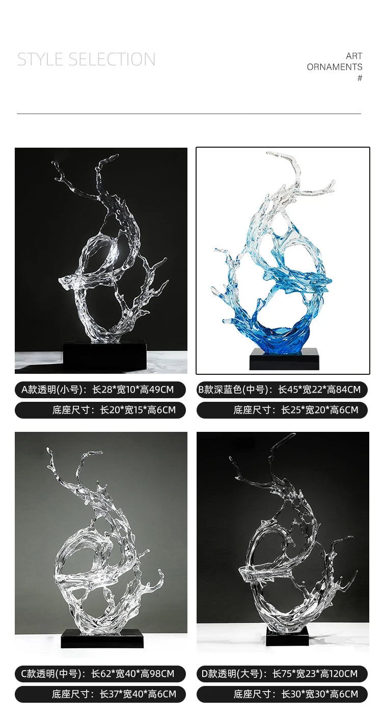 Modern abstract resin ornaments featuring fluid, water-like designs in clear or blue, set on a black base.