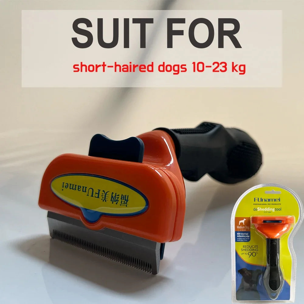 Orange and black Funamei deshedding tool for short-haired dogs 10-23kg, shown with retail packaging.