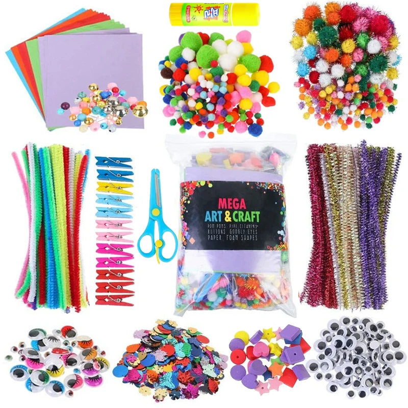 Comprehensive arts and crafts supply kit featuring colourful pipe cleaners, pom-poms, beads, paper, googly eyes, and tools.