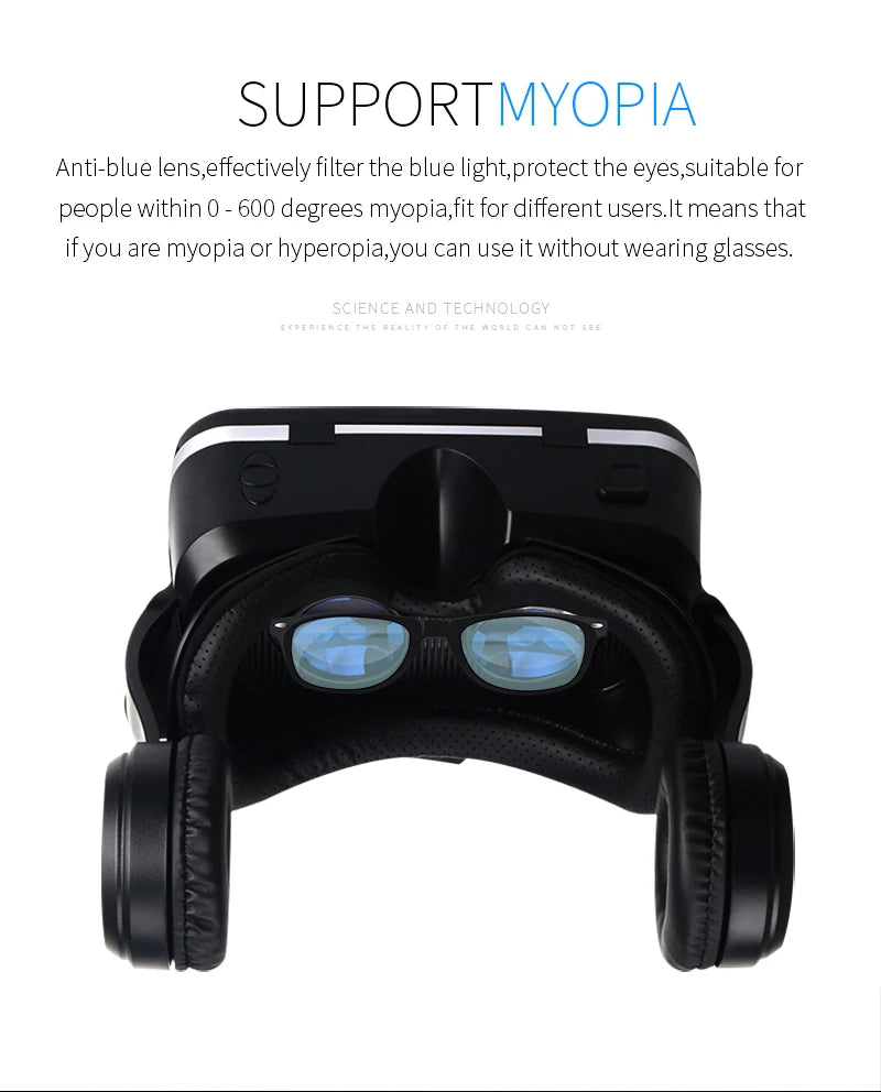 Black 3D virtual reality headset with integrated headphones and anti-blue light lenses for glasses wearers.