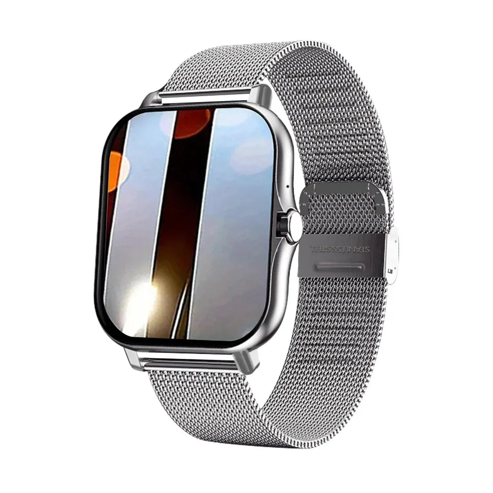 Silver smart watch with a 1.44-inch touch screen and a stylish stainless steel mesh strap.