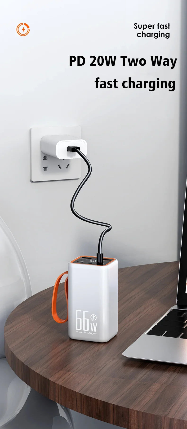 White 66W portable power bank with an orange strap, charging via a cable connected to a wall plug.