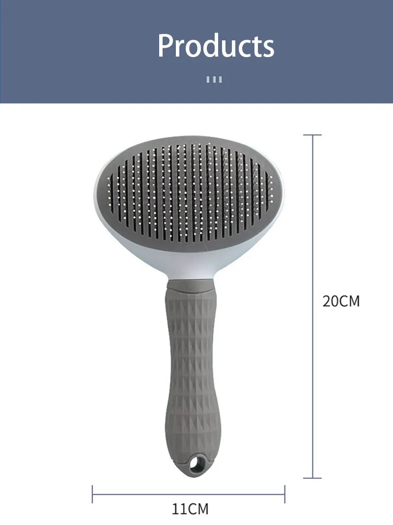 Grey and white oval pet grooming slicker brush with a textured handle and pin bristles, measuring 20cm by 11cm.