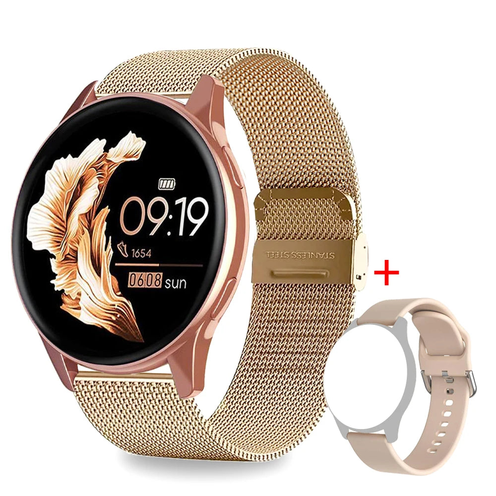 Rose gold smartwatch with mesh strap and an additional interchangeable silicone strap. Circular digital watch face.