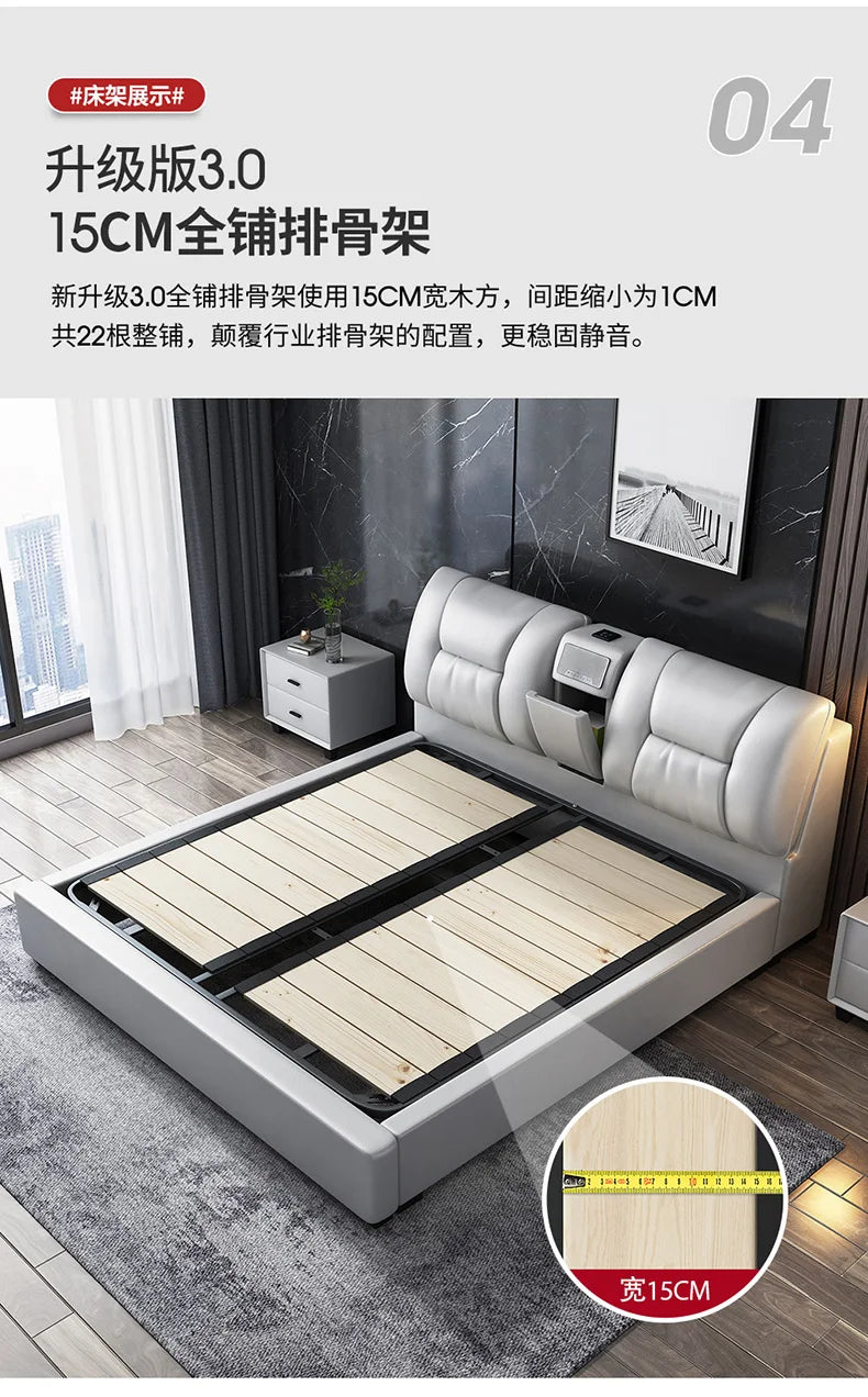 Minimalist white upholstered king size bed frame with a wide, supportive wooden slatted base and integrated headboard.