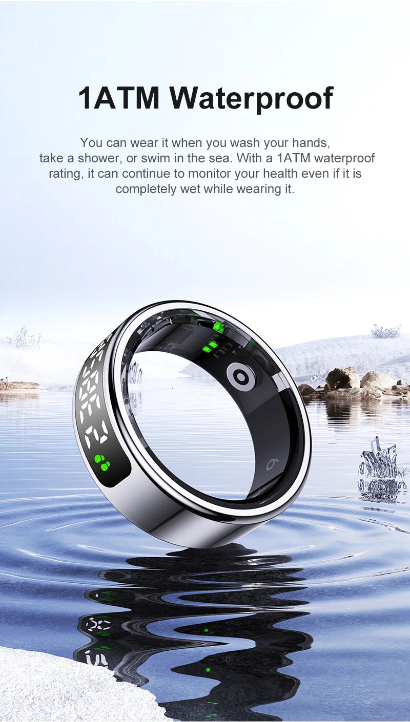 Sleek silver smart health ring with a digital LED display, floating above water to highlight its waterproof design.