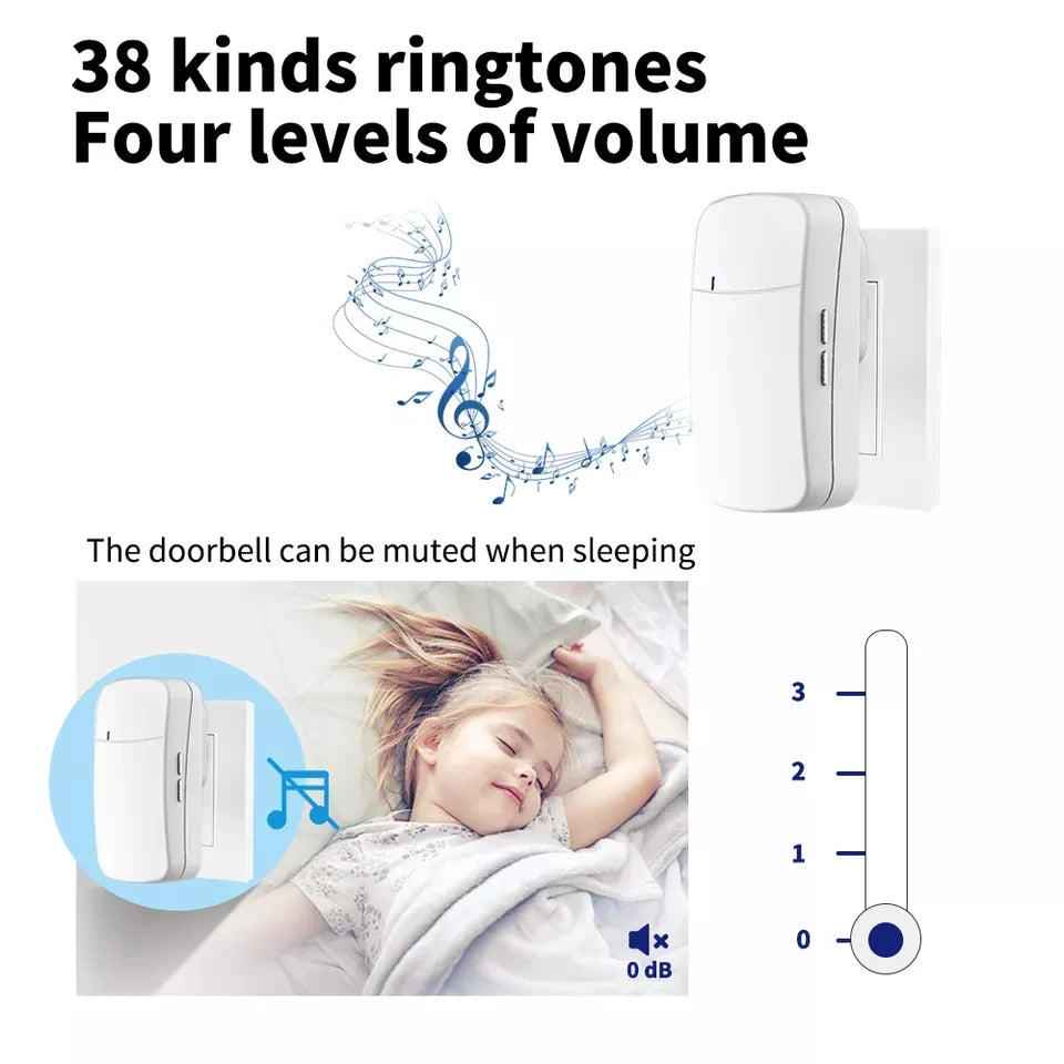 White wireless, self-powered doorbell featuring 38 chimes, four volume levels, and a silent mute mode for sleep.