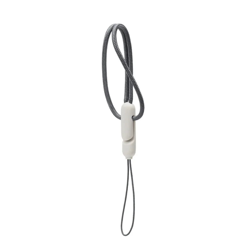 Grey braided fabric lanyard strap with matte light grey connector for AirPods charging case.
