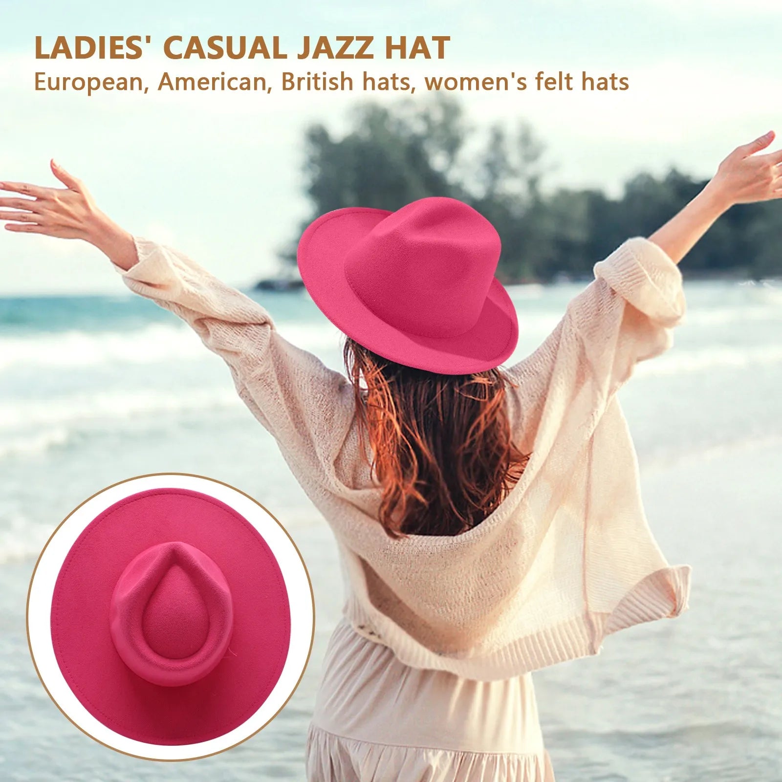 A woman at the beach wearing a bright pink felt fedora with a vintage-style crown and wide brim.