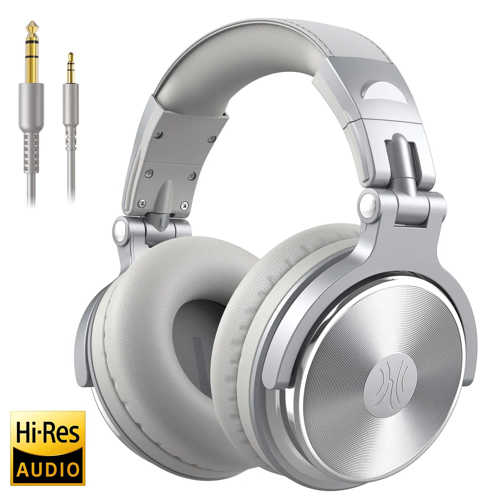 Silver wired over-ear studio headphones with padded ear cushions, adjustable headband, and two audio cable connectors.