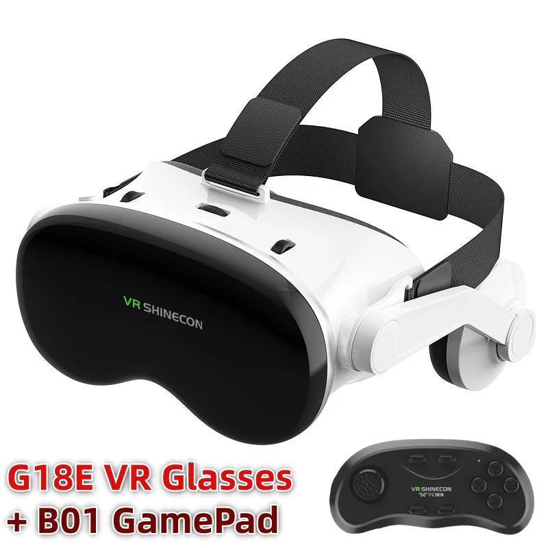 White and black G18E VR headset with adjustable head straps, integrated headphones, and a matching black game controller.