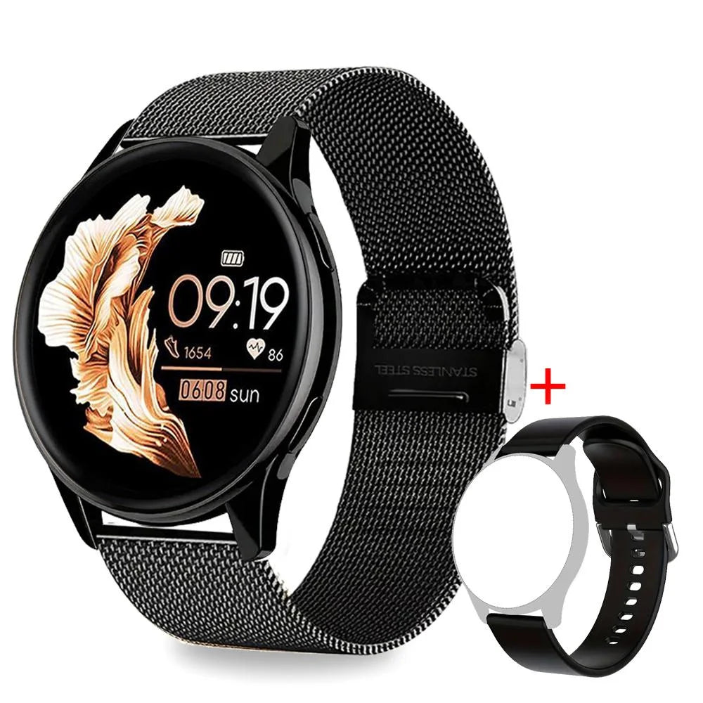 Black smart watch with a mesh strap and digital fitness display, plus an additional black silicone strap.