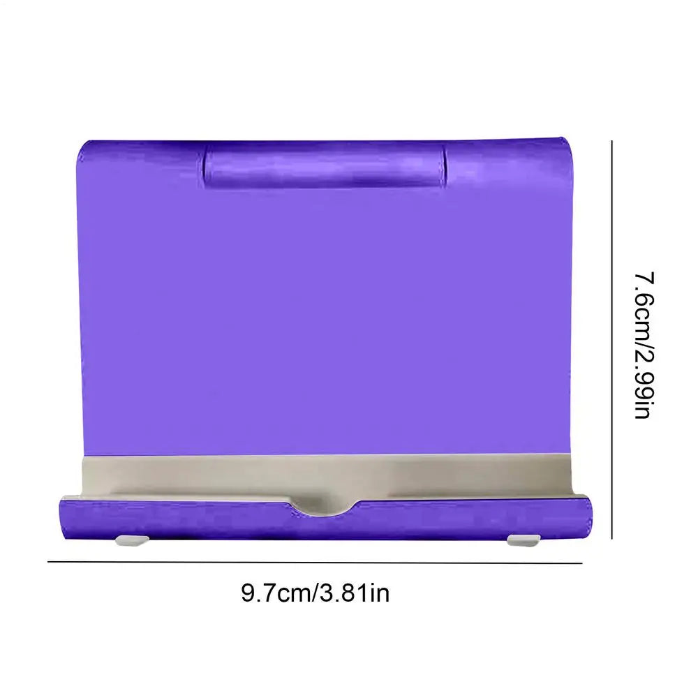 Purple portable folding phone and tablet stand with a silver base, measuring 9.7cm by 7.6cm.
