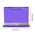 Purple portable folding phone and tablet stand with a silver base, measuring 9.7cm by 7.6cm.