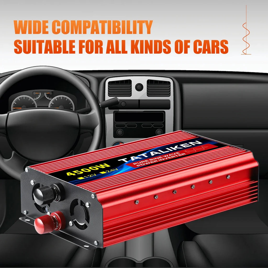 A bright red 4500W pure sine wave power inverter with cooling fans and connection terminals, shown inside a car.