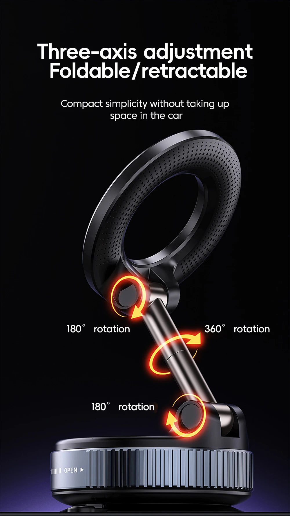 Black, foldable, three-axis car phone mount with a textured circular magnetic head and rotatable metal arm.