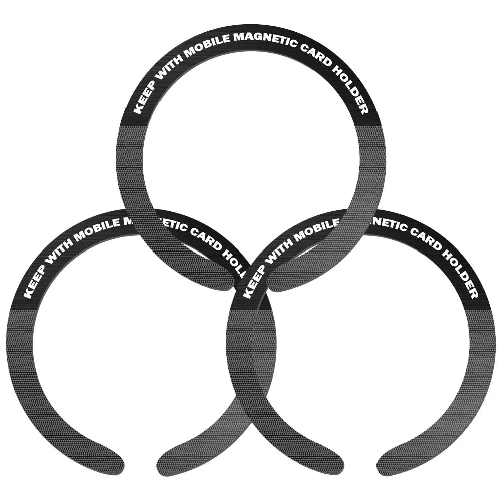 Three circular black magnetic mobile card holders with textured mesh patterns arranged in a triangular overlapping design.