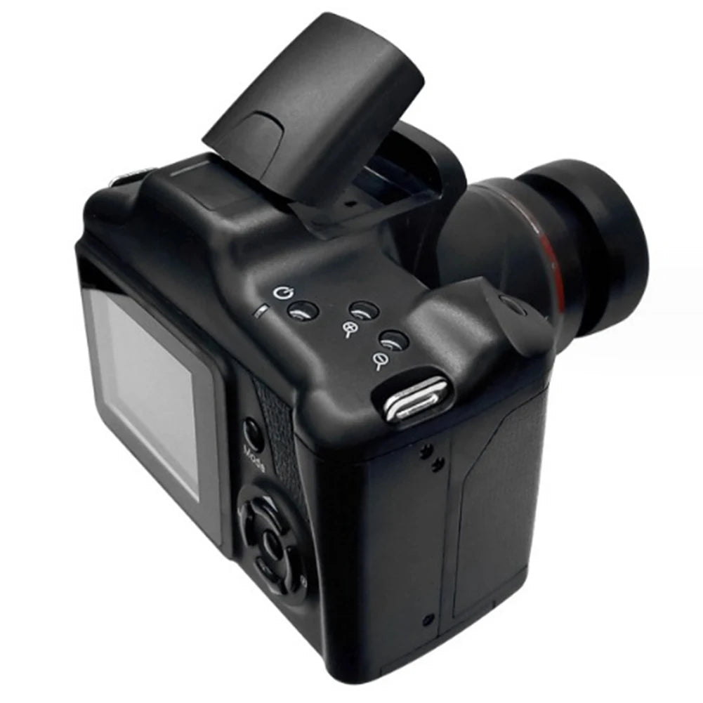 Black plastic digital SLR camera with a pop-up flash, LCD screen, and control buttons on the back.