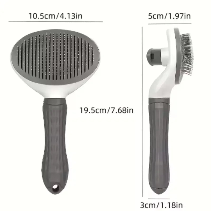 Grey and white self-cleaning pet slicker brush with dimensions shown, featuring a textured handle and metal bristles.