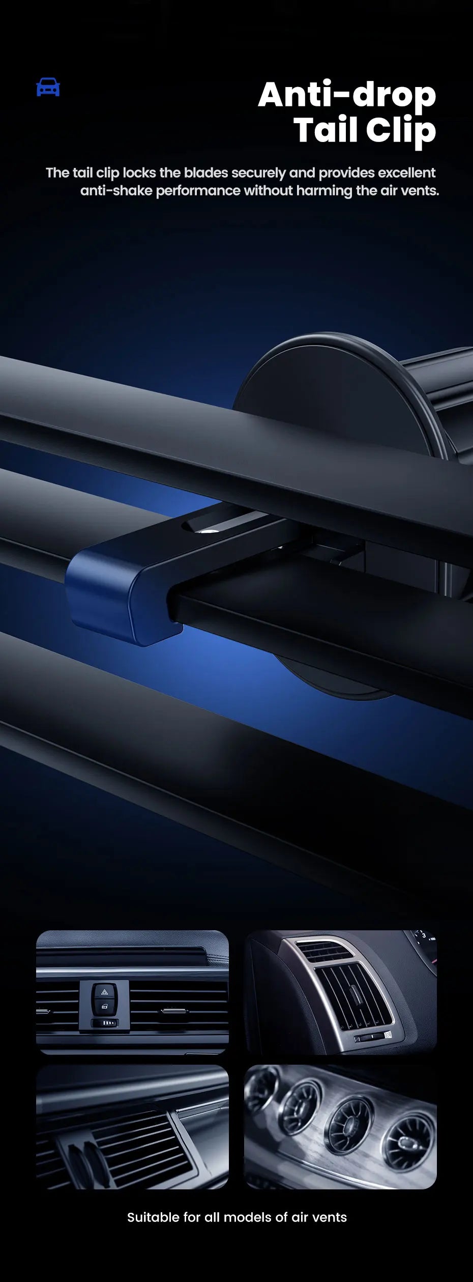 A matte black, anti-shake car air vent clip with a sleek, minimalist design, shown installed on various vent styles.