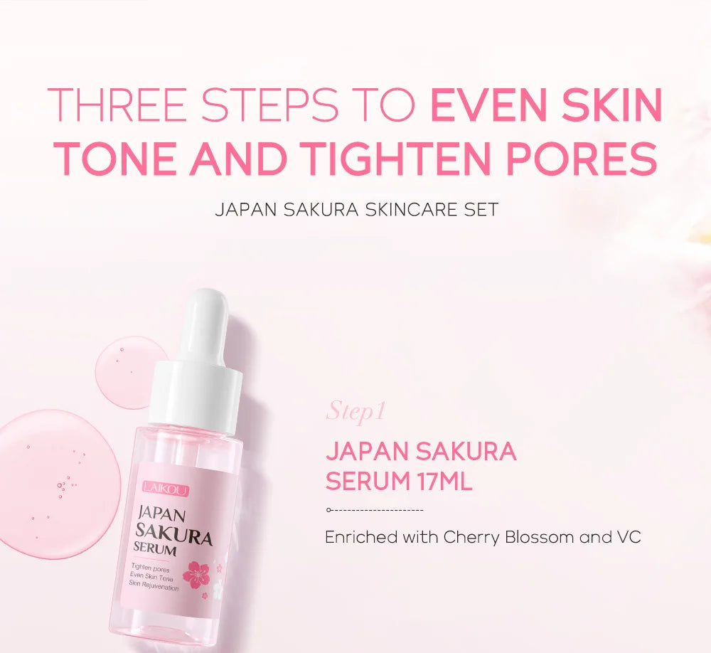 A 17ml pink cherry blossom serum bottle with dropper, designed to tighten pores and even skin tone.