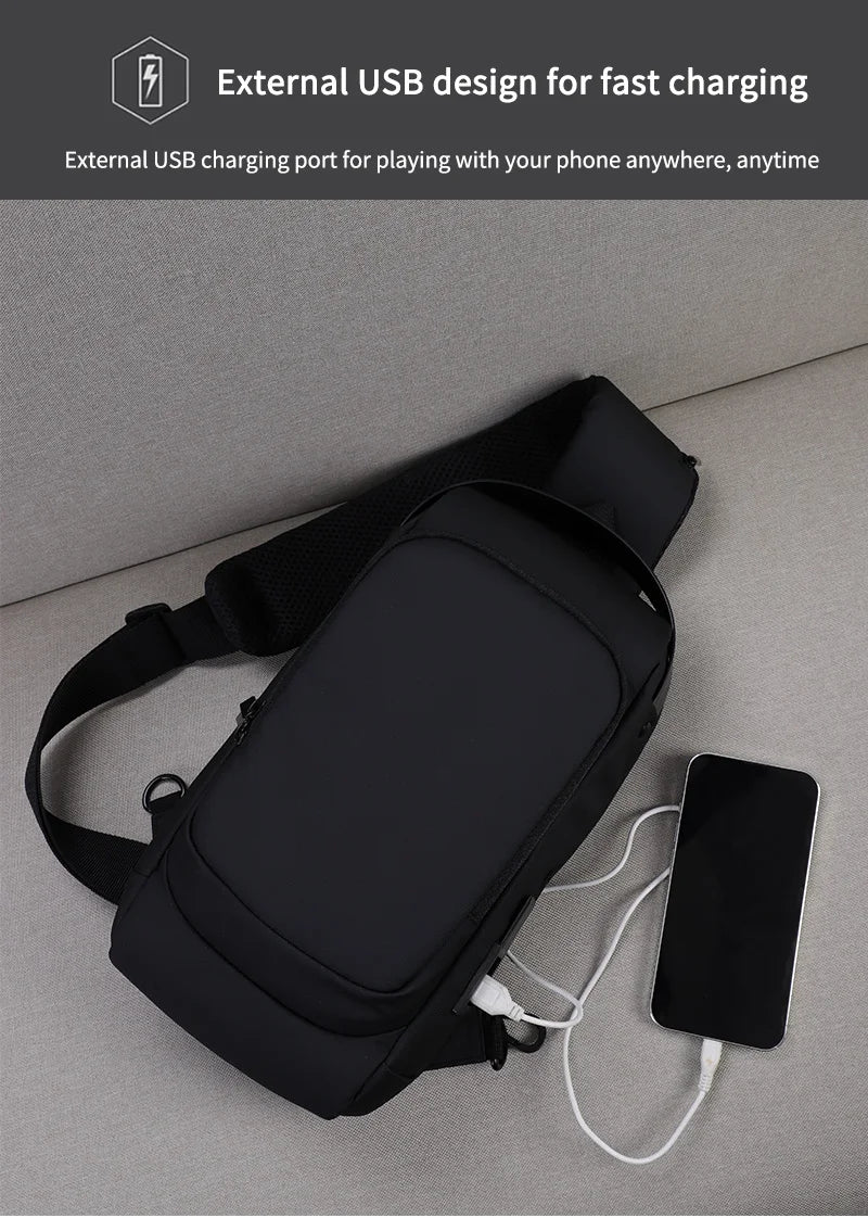 Black waterproof crossbody sling bag with an integrated USB charging port connected to a smartphone.