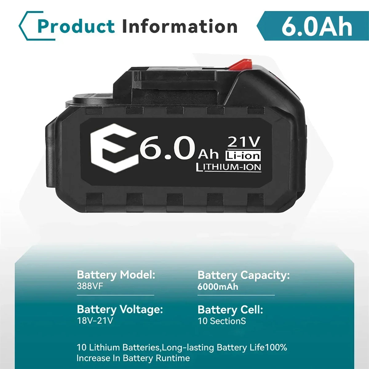 Black 21V 6.0Ah Li-ion battery pack with a red release latch and white text label showing 6.0Ah and 21V.