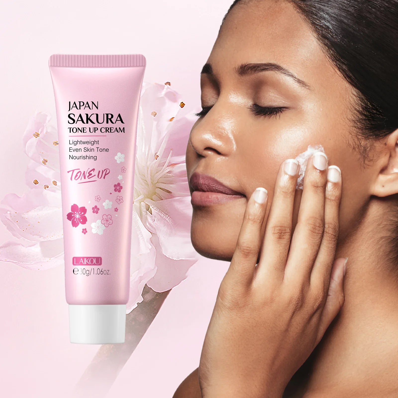Pink tube of Sakura tone-up face cream shown next to a woman applying it to her skin.