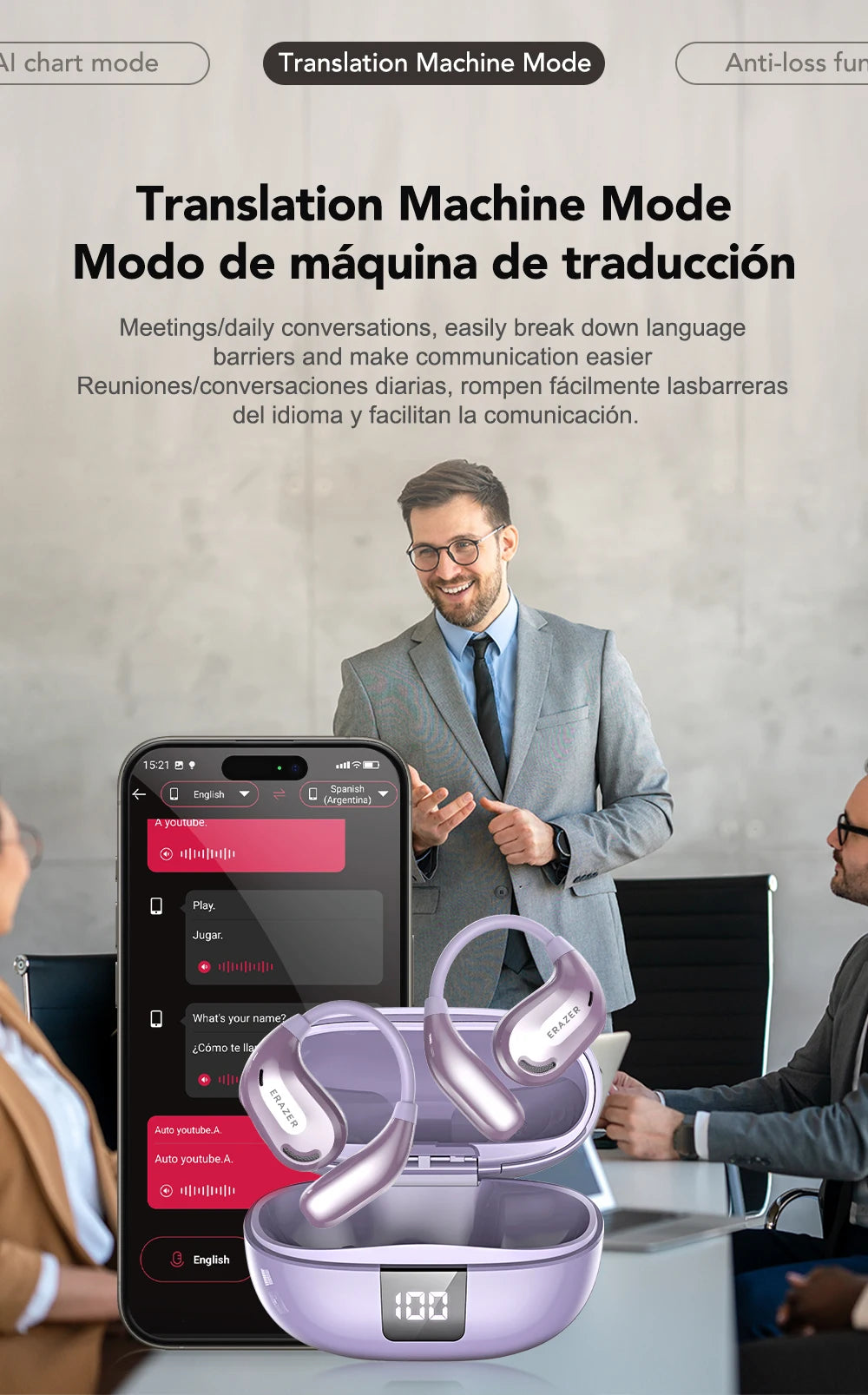 Lavender open-ear wireless earbuds with a digital display charging case, shown with a translation mobile app interface.