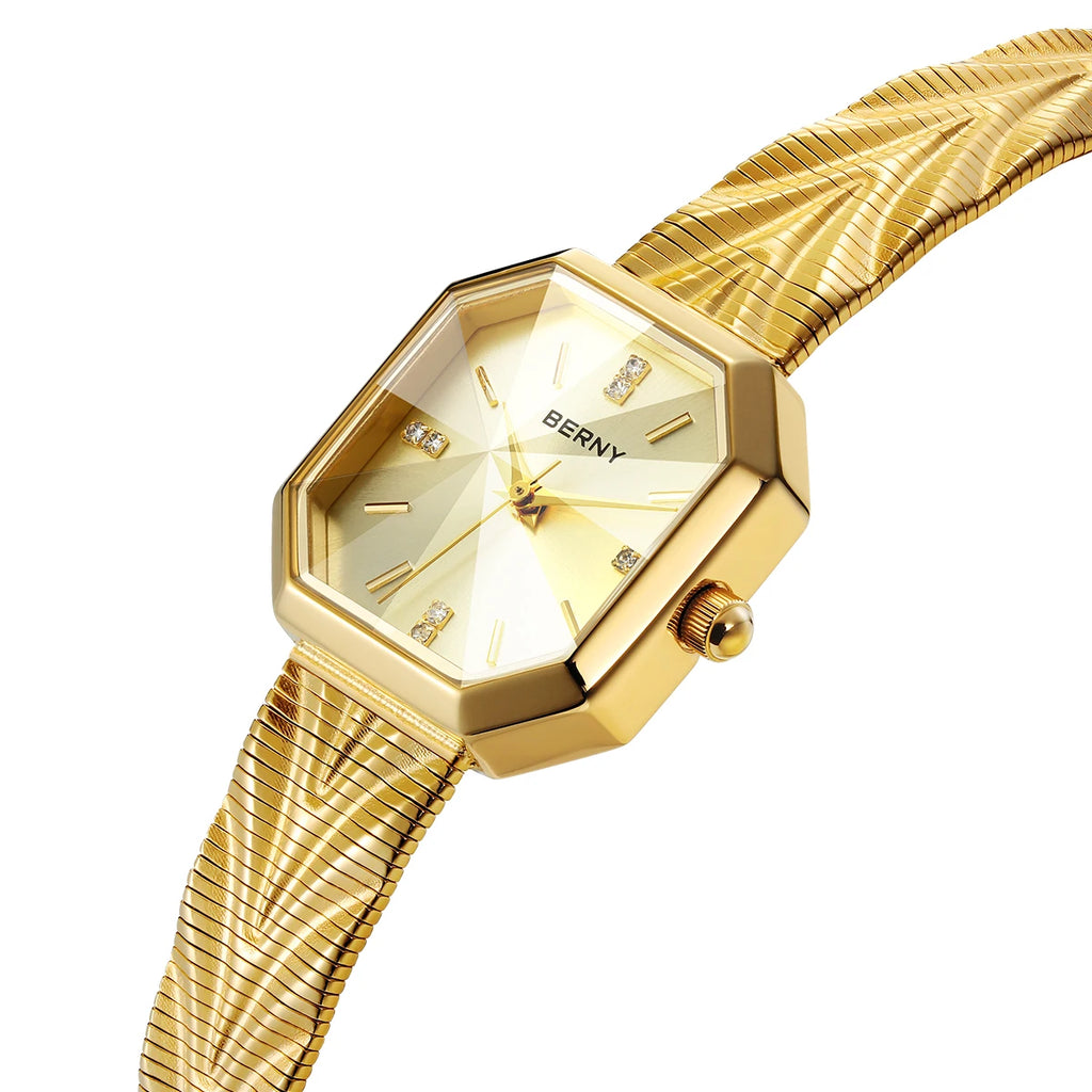 BERNY gold octagonal quartz watch with a textured stainless steel band and crystal hour markers.